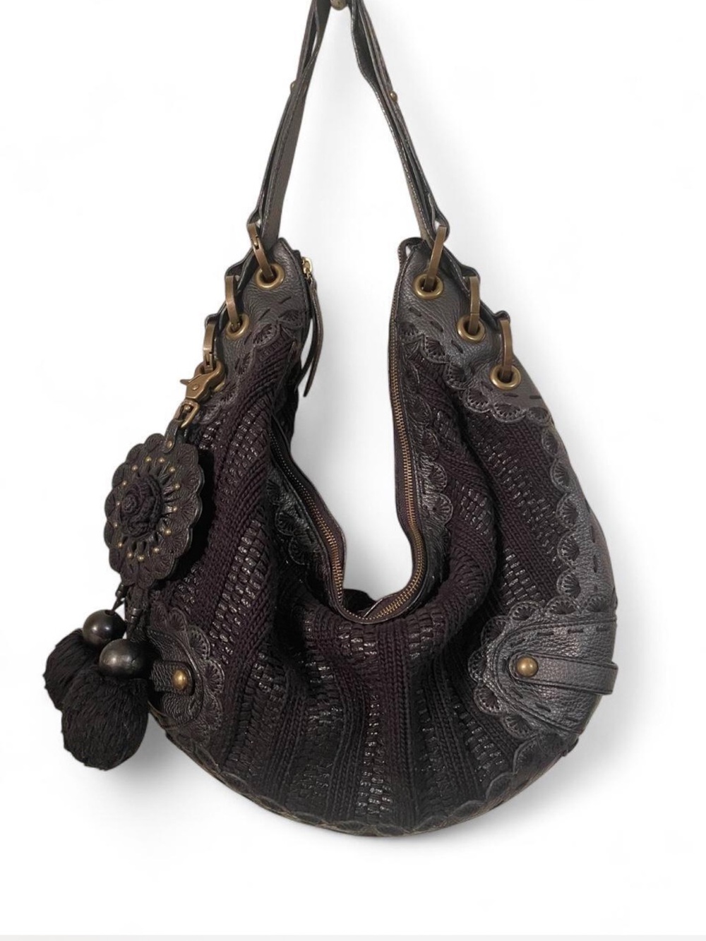 Isabella Fiore Smitten Monique Black Leather Woven Hobo Bag Vintage Rare